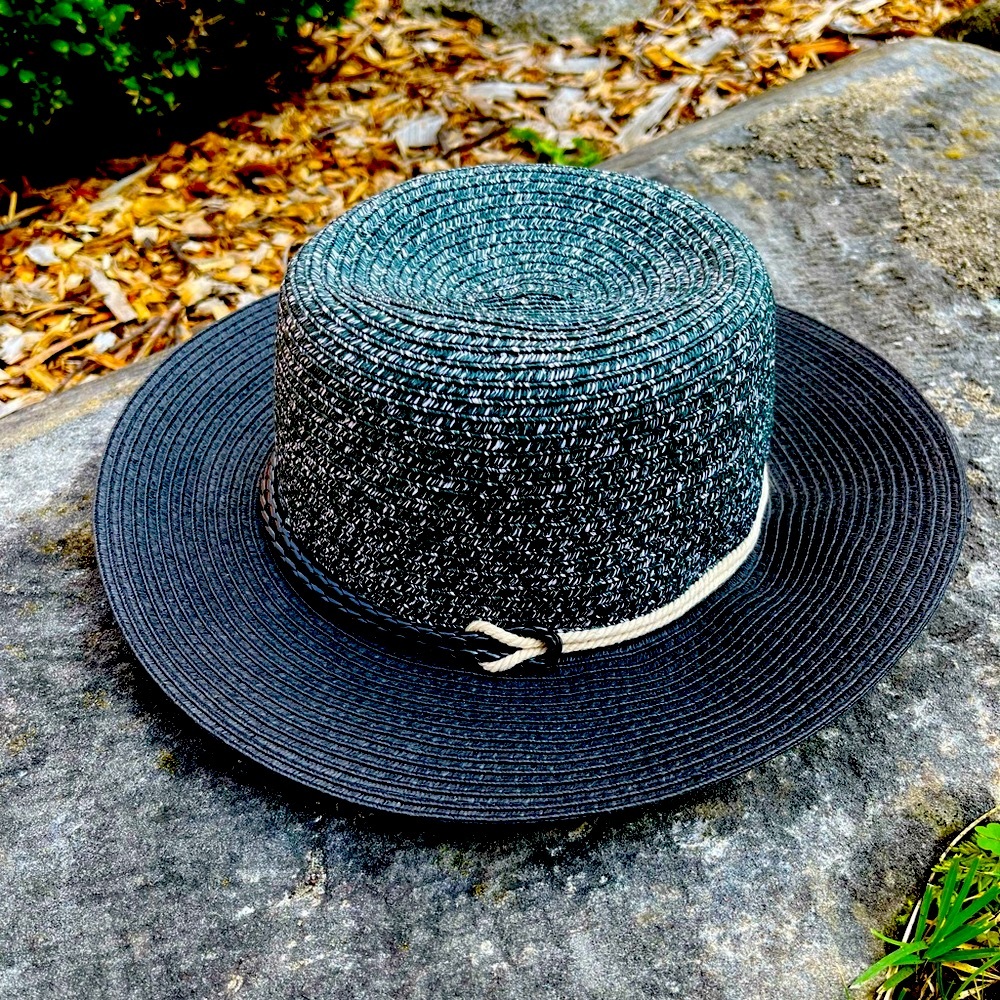 NWT Anthropologie Sailor Wide Flat Brim Straw Hat Panama Style Navy Blue